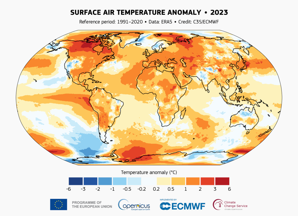 Surface air temperature anomaly for 2023 relative to the average for the 1991-2020 reference period. Data source: ERA5. Credit: C3S/ECMWF.